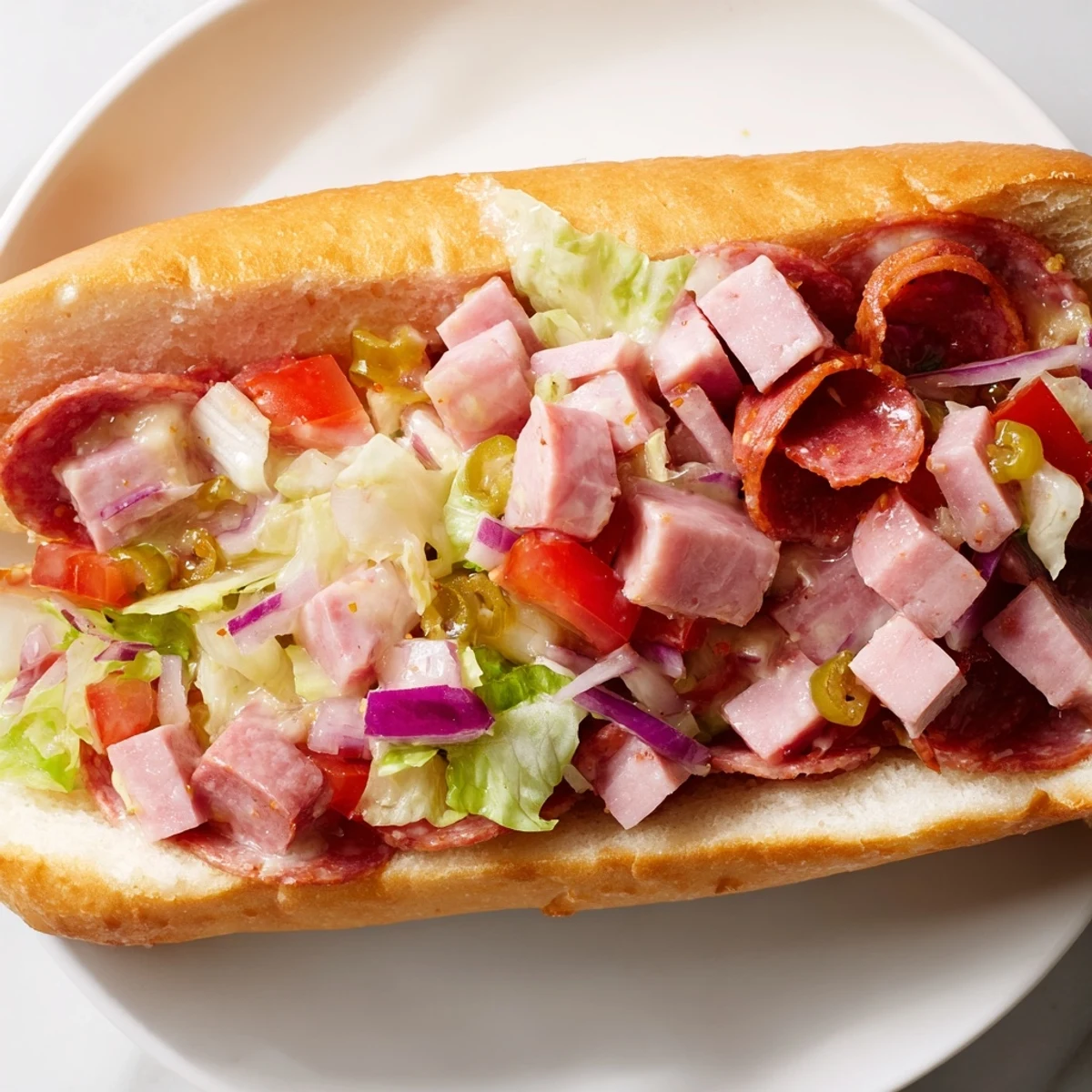 A close-up of a chopped Italian grinder sandwich stuffed with diced salami, pepperoni, provolone, crisp lettuce, and tangy dressing on a toasted hoagie roll.  