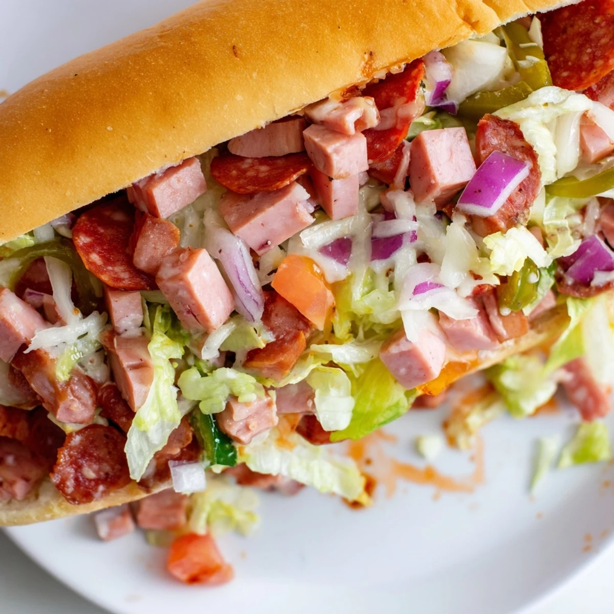 Serving suggestion for a chopped Italian grinder sandwich: a toasted hoagie roll piled high with chopped Italian meats, cheese, and zesty Italian dressing.