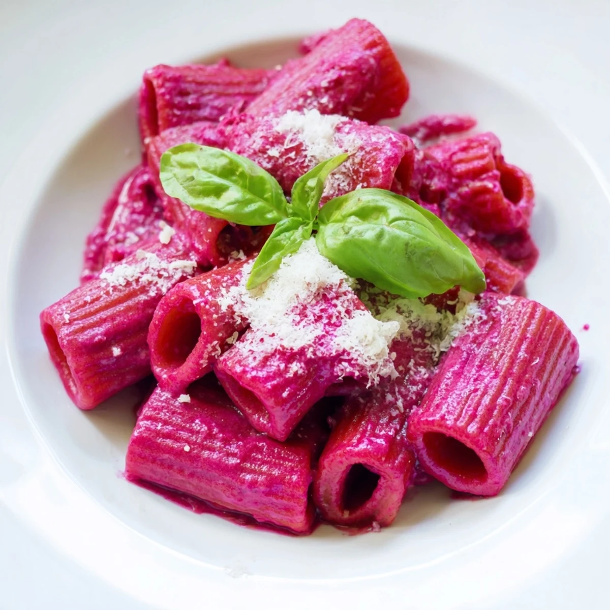 A vibrant bowl of Pink Pasta with Beet Cream, featuring silky sauce, fresh basil, and extra Parmesan.