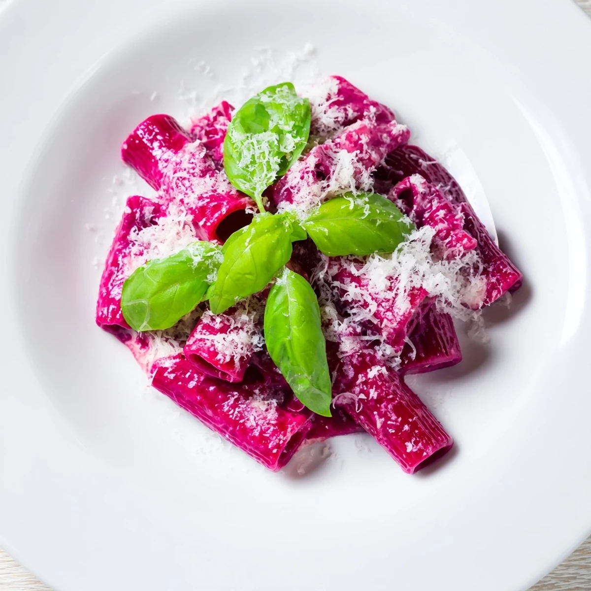 Ready-to-serve Pink Pasta with Beet Cream garnished with fresh basil, a lemon wedge, and black pepper.