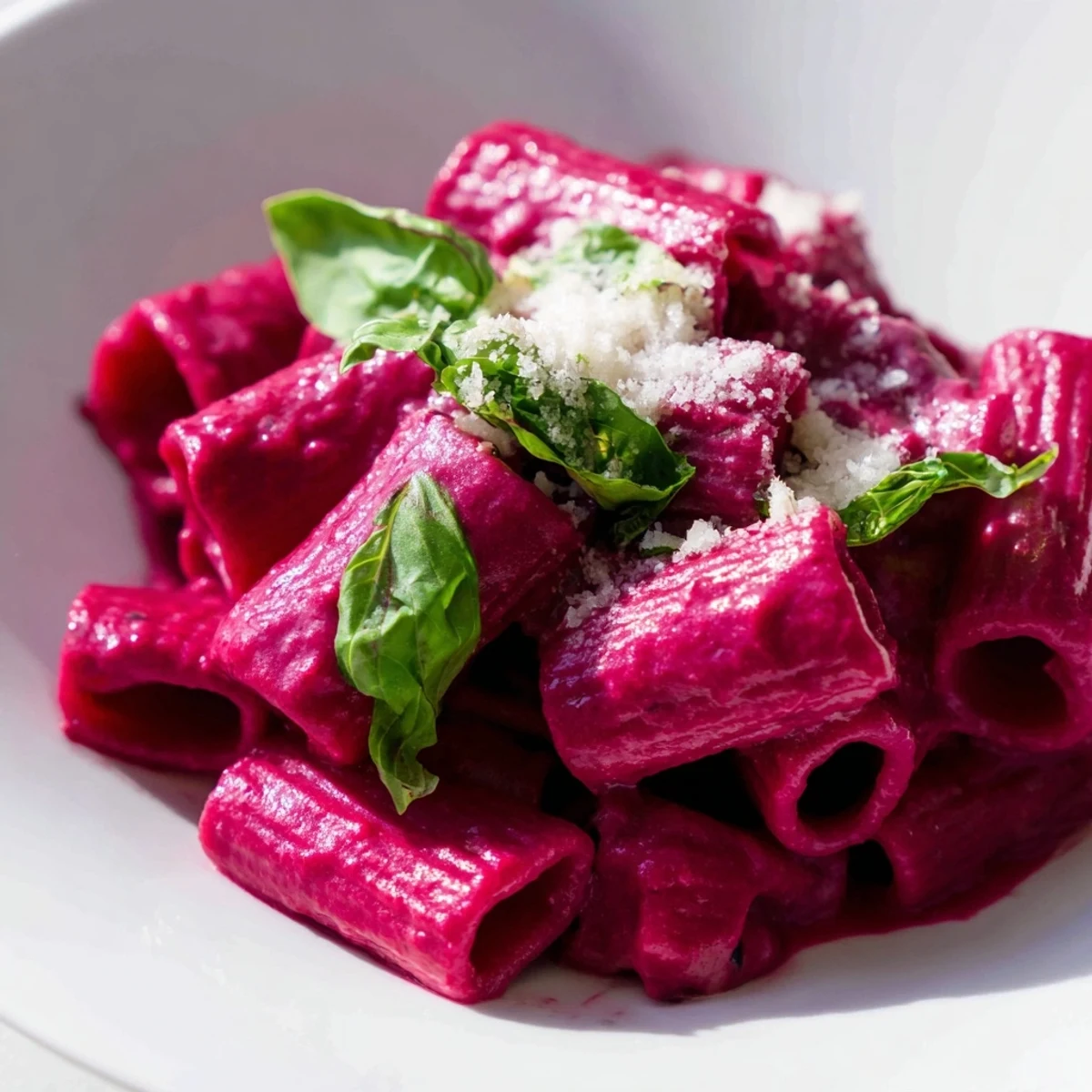 Creamy Pink Pasta with Beet Cream sauce over penne, topped with basil and grated Parmesan cheese.