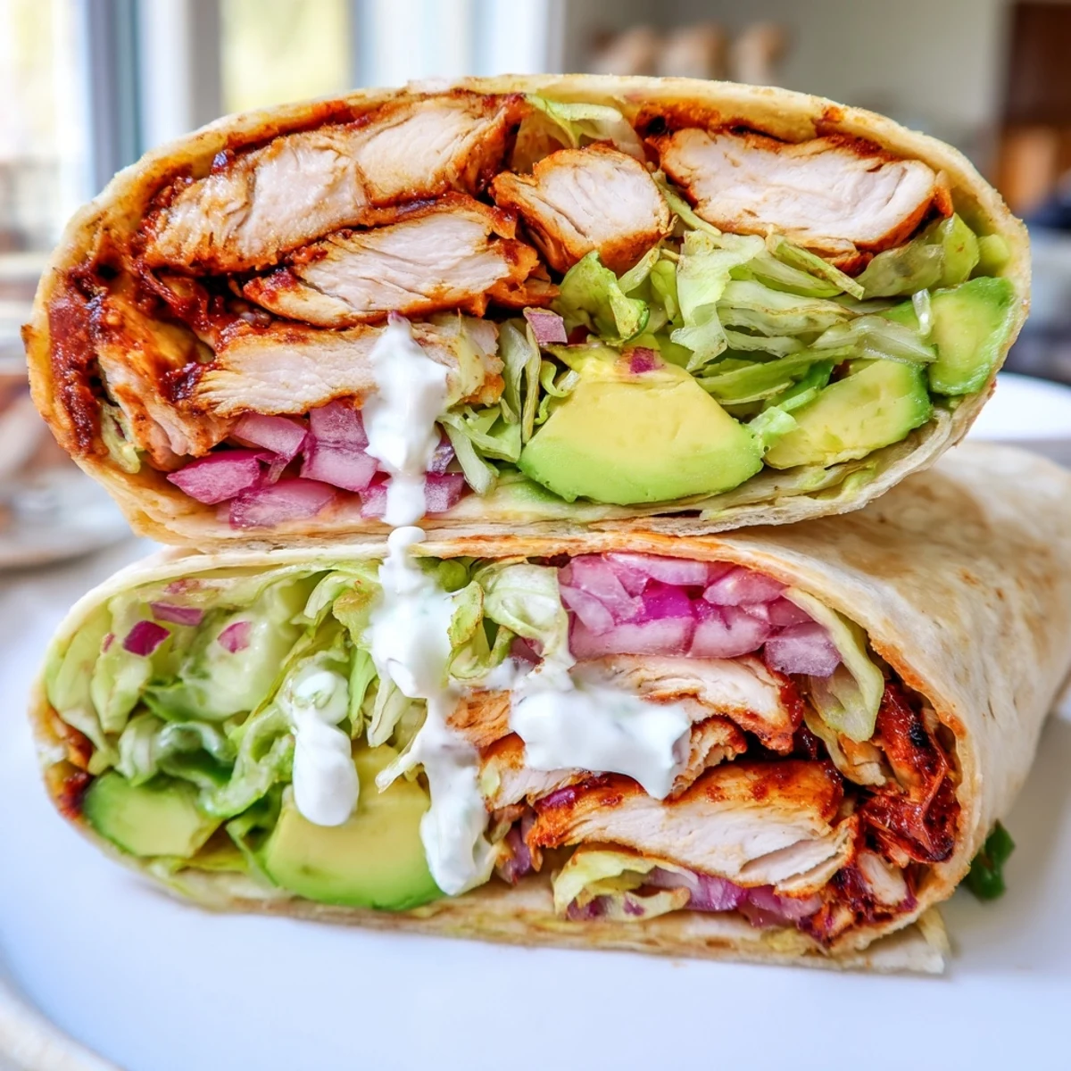 Golden-brown, smoky chipotle chicken slices nestled in a soft tortilla with fresh avocado and crisp lettuce.