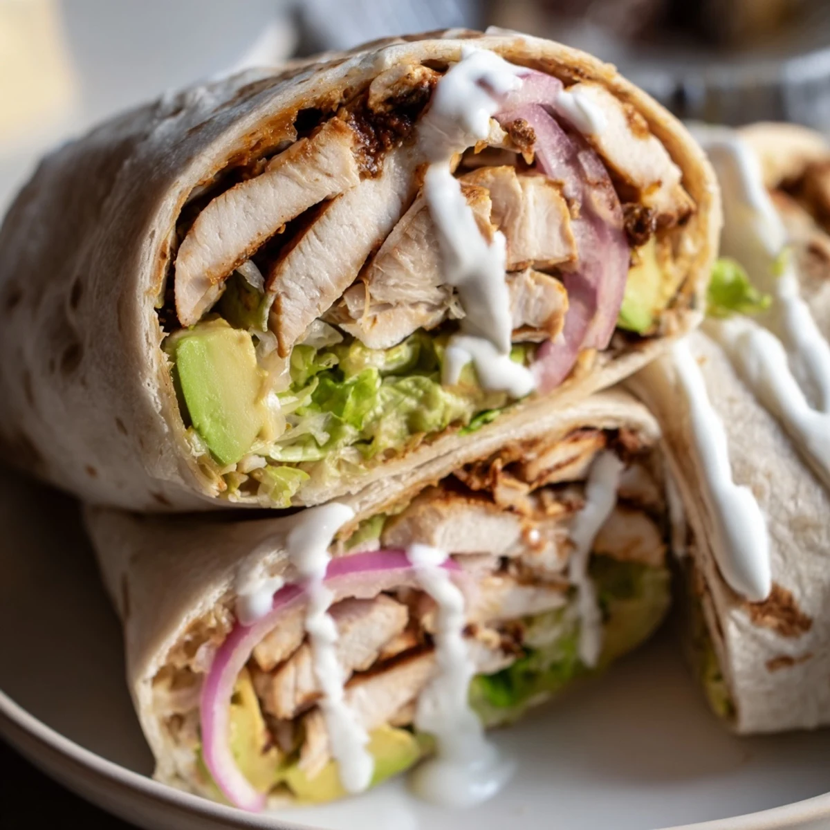 Close-up view of the Smoky Chipotle Chicken Wrap, highlighting juicy marinated chicken and colorful vegetable fillings.