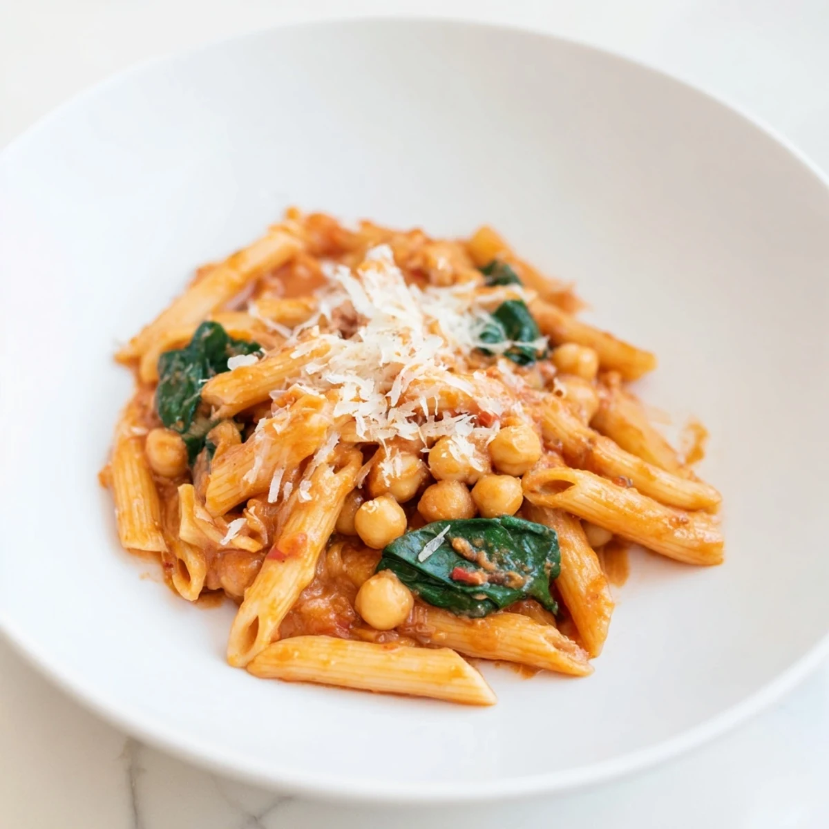 Creamy Tuscan Chickpea Pasta in a white bowl, featuring al dente penne tossed in a creamy tomato spinach sauce, garnished with fresh basil and parmesan.