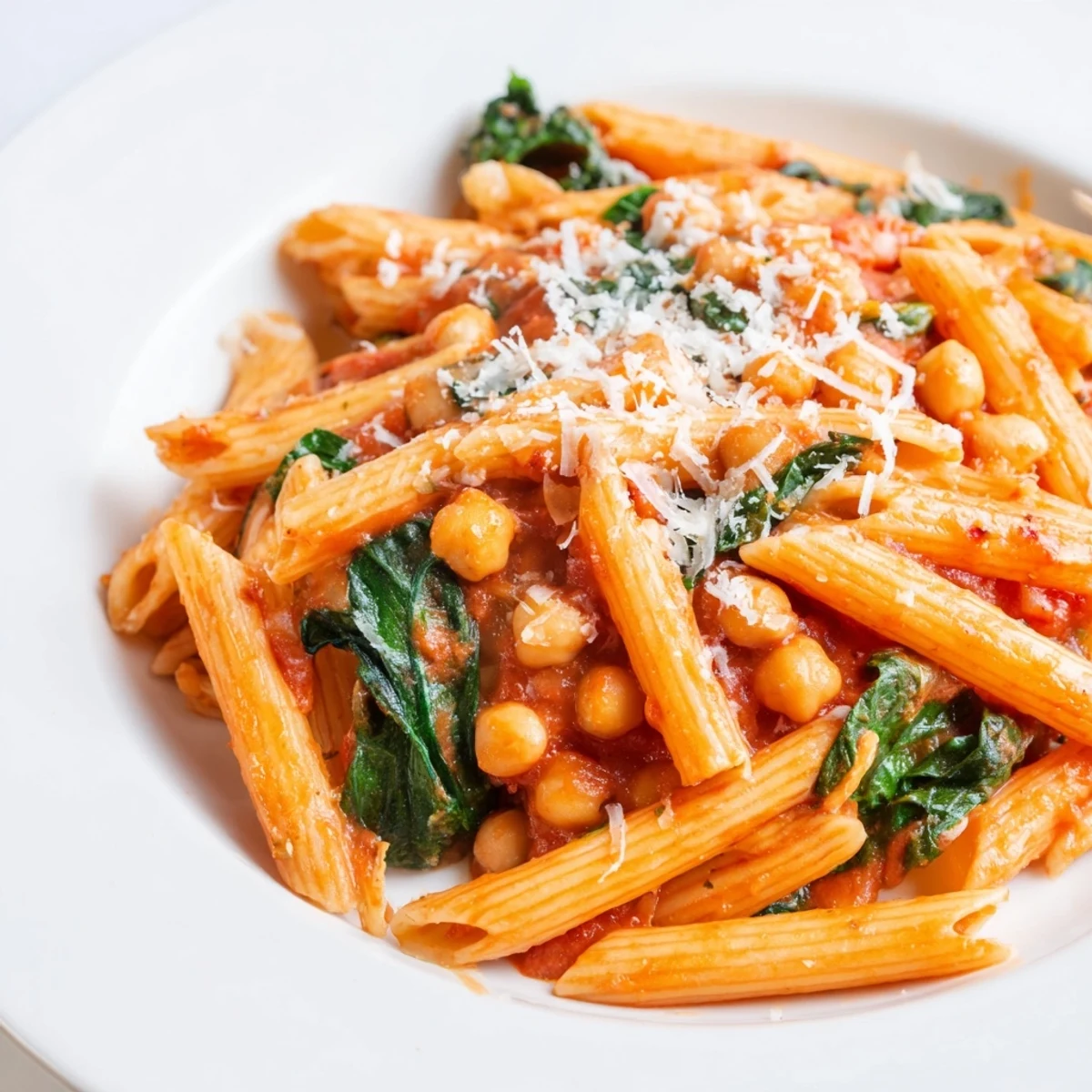 Overhead shot of Creamy Tuscan Chickpea Pasta served on a rustic wooden table, accompanied by a glass of white wine and crusty bread.