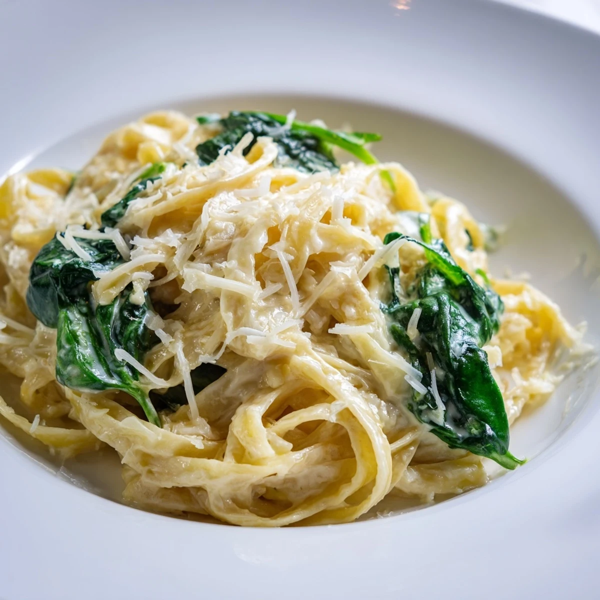 Steaming fettuccine coated in a creamy garlic spinach pasta sauce, garnished with fresh parsley and Parmesan.