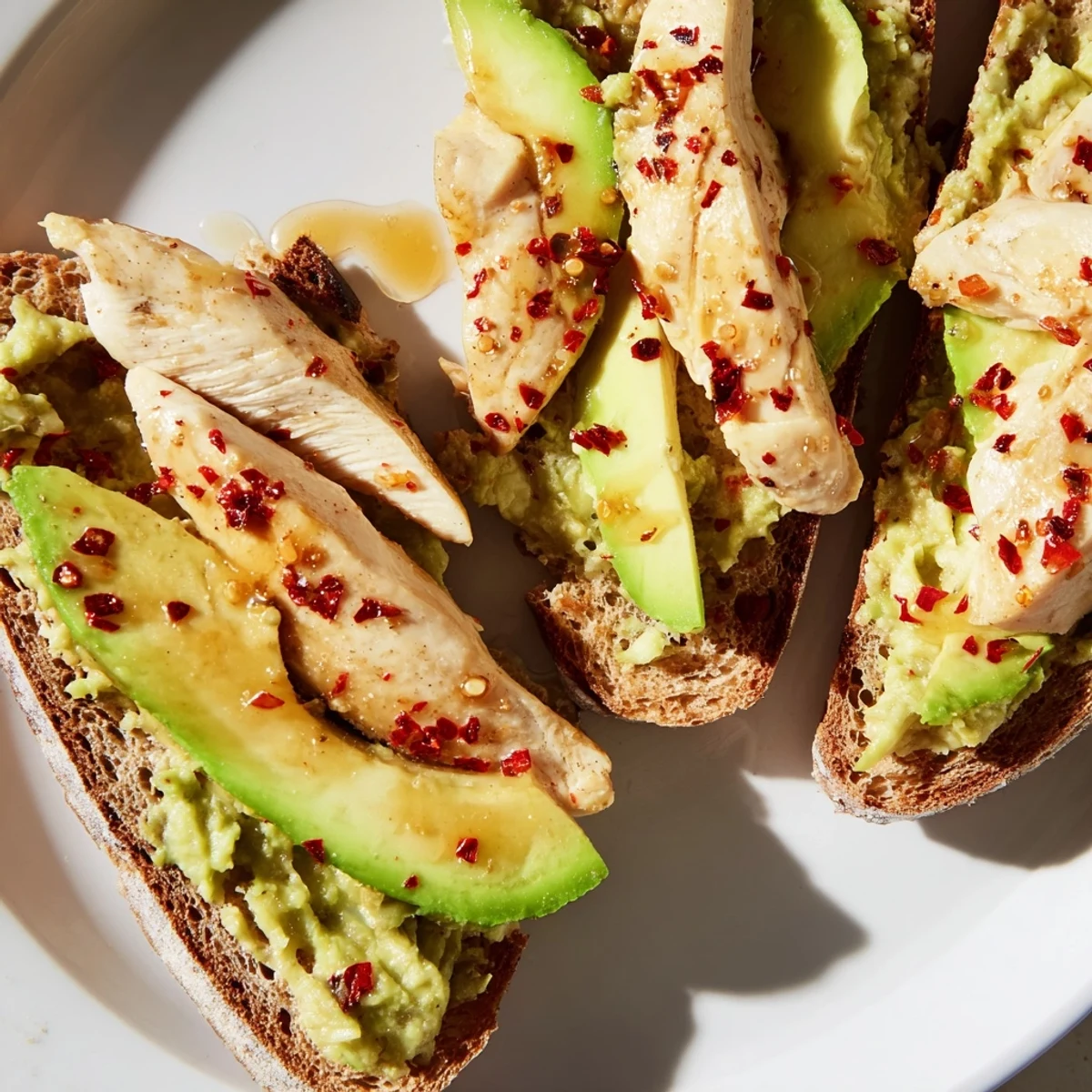 Golden grilled chicken slices layered over creamy smashed avocado on crisp sourdough toast, finished with a sprinkle of chili flakes.