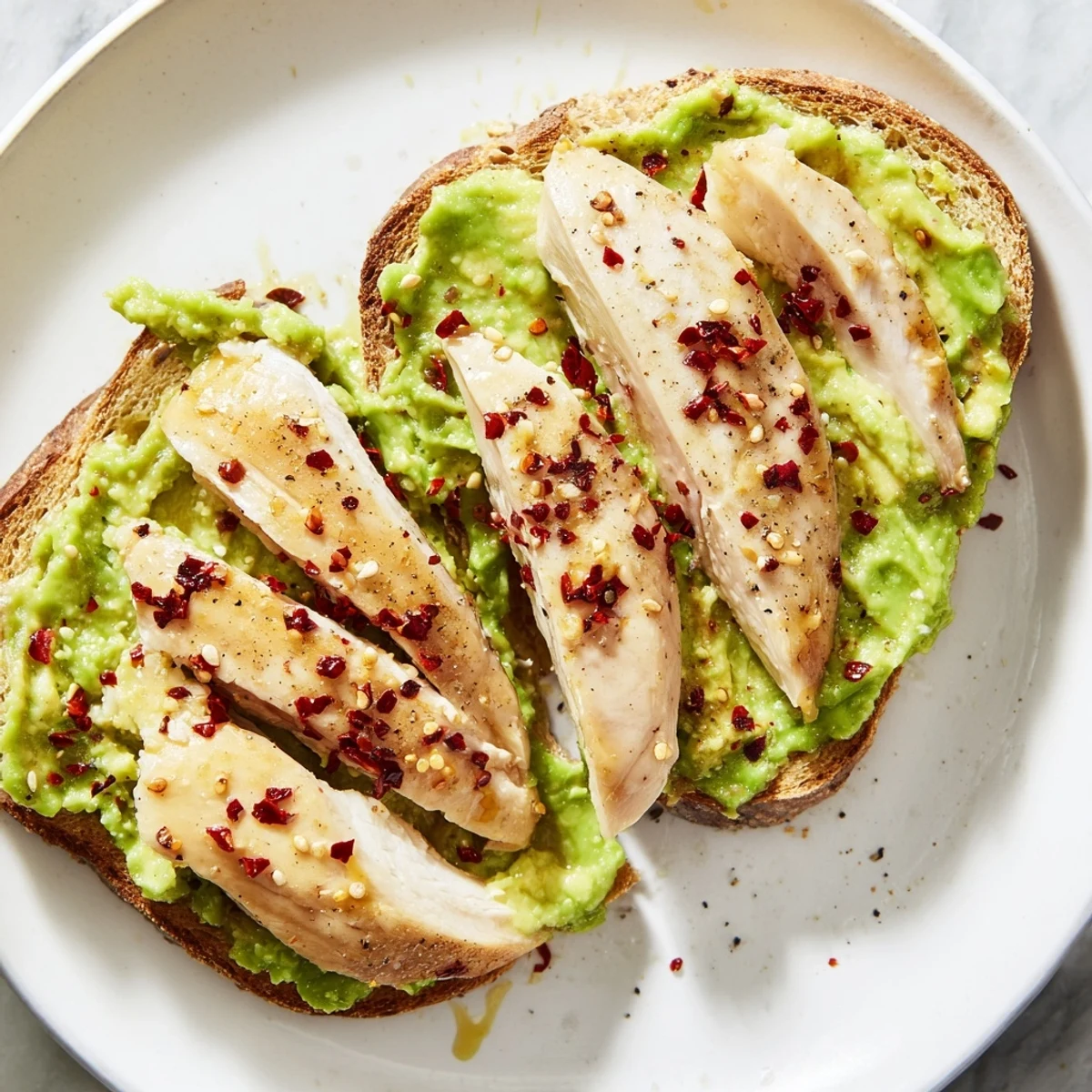 Toasted sourdough bread spread with zesty lemon-avocado mash, piled high with tender chicken and a pinch of spicy chili flakes.