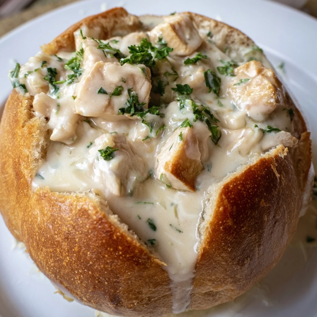 A golden, crispy bread bowl filled with creamy chicken Alfredo, topped with melted Parmesan and fresh parsley.