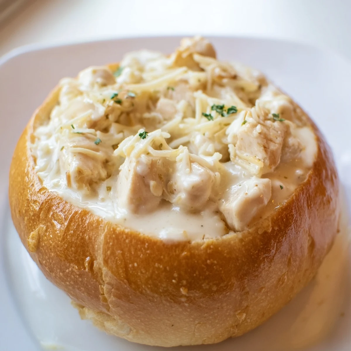 Italian-American chicken Alfredo served in a homemade bread bowl, garnished with extra Parmesan and fresh herbs.