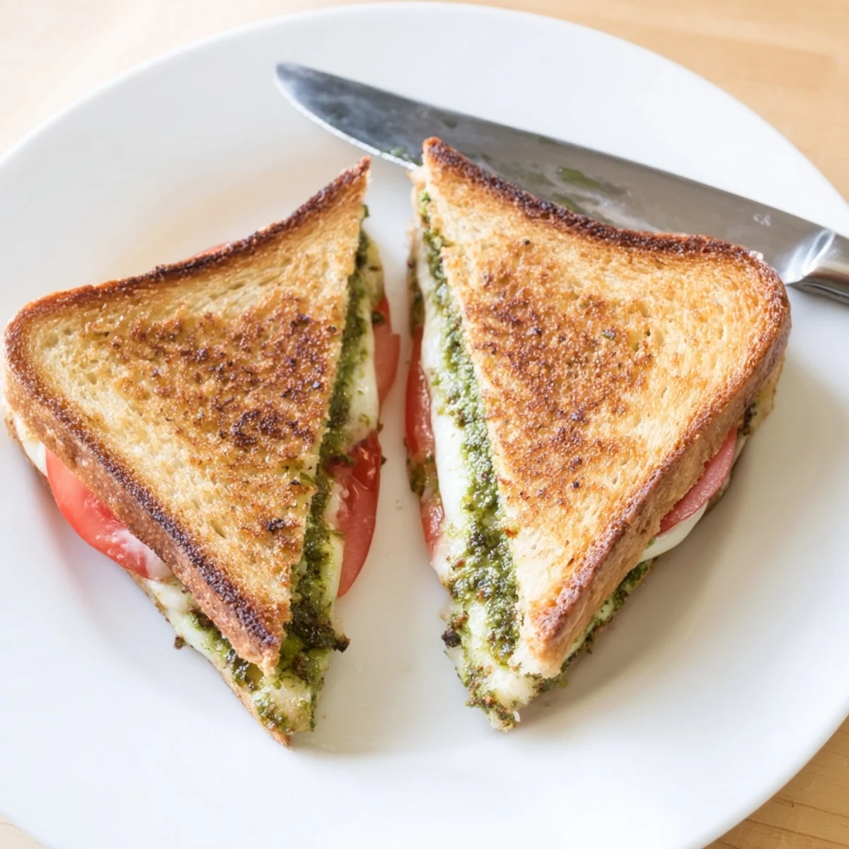 Golden-brown Caprese Pesto Grilled Cheese sandwiches oozing melted mozzarella, layered with ripe tomato slices and fresh basil pesto.