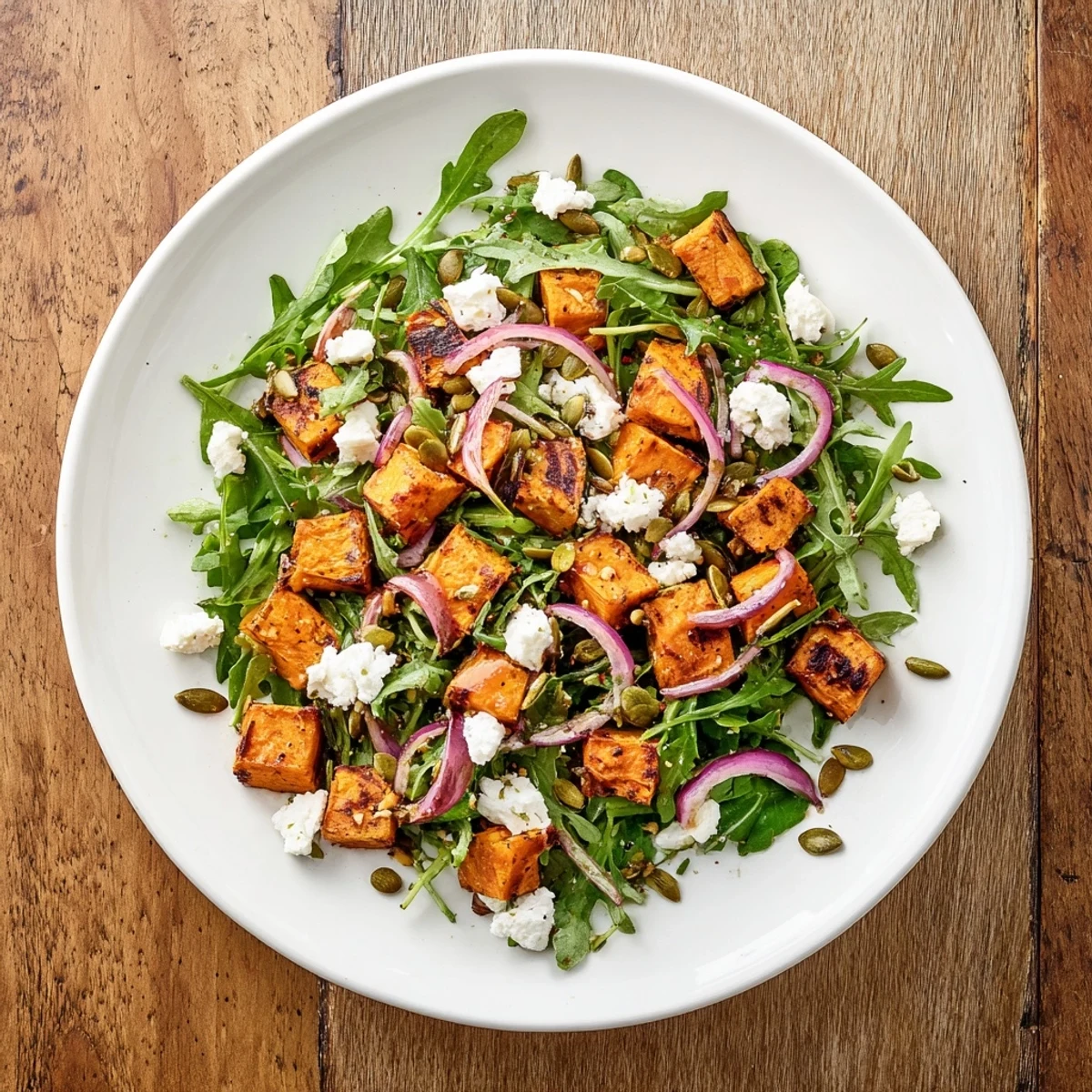Roasted sweet potato salad with caramelized cubes on peppery arugula, topped with creamy feta and toasted pepitas.