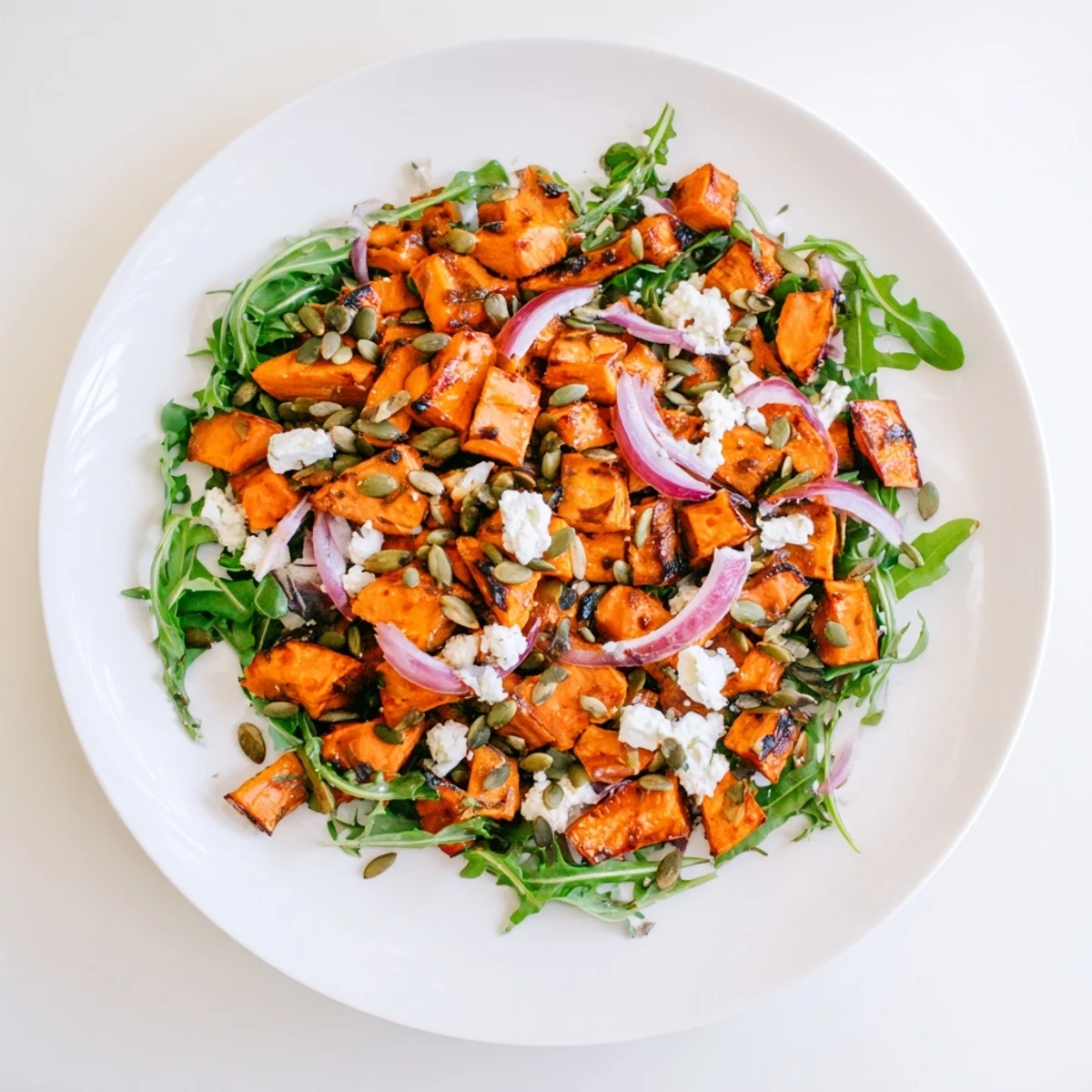 Golden roasted sweet potato salad with tangy honey-lime dressing, red onion, and arugula, served as a vibrant side dish.