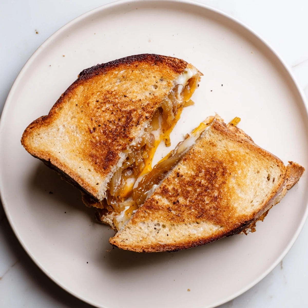 Freshly sliced Caramelized Onion Grilled Cheese showing crispy buttery bread and oozy melted cheese, ready for dipping.