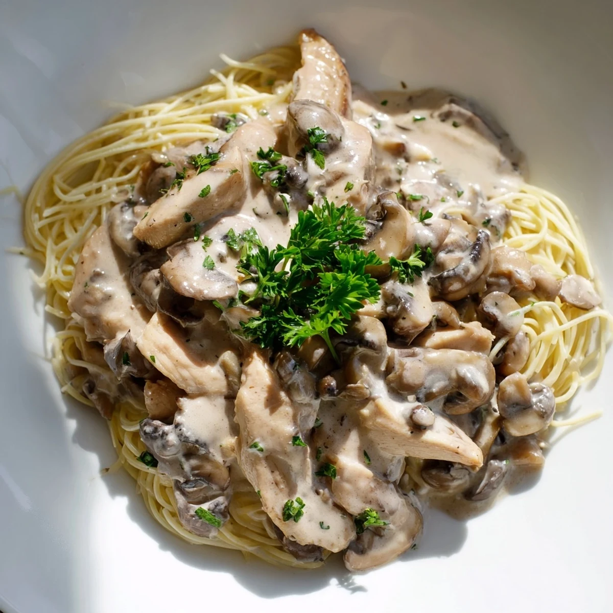 Close-up of Creamy Mushroom Chicken Spaghettini, featuring al dente pasta and savory mushrooms in a rich, velvety sauce.