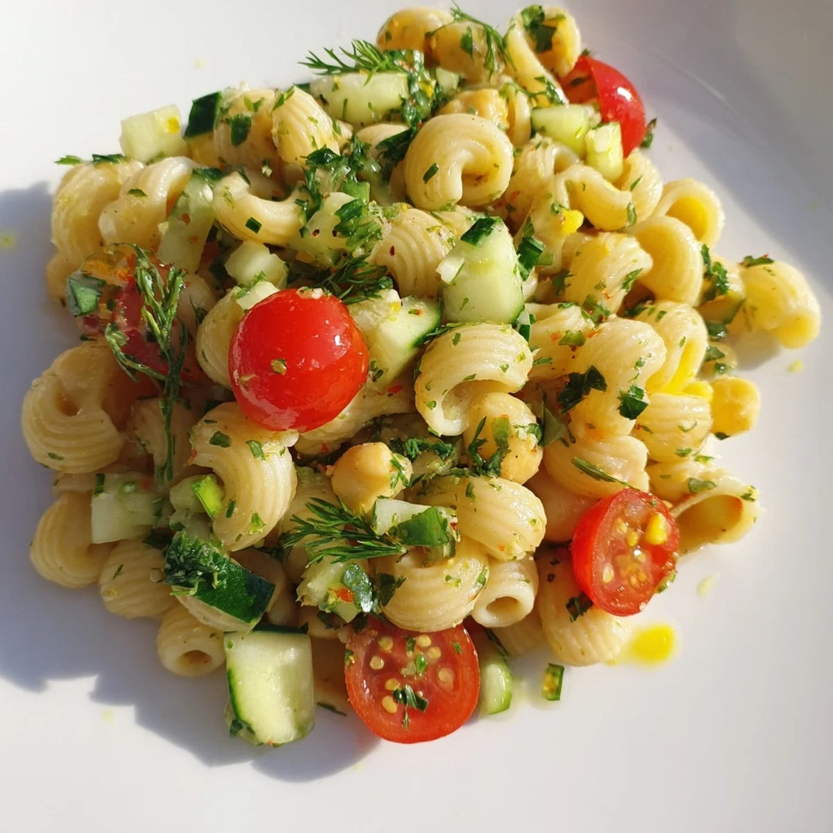 Bright, chilled Lemon Herb Chickpea Pasta Salad with diced cucumbers, halved cherry tomatoes, and fresh dill, all tossed in a zesty lemon-olive oil dressing for a refreshing summer lunch.