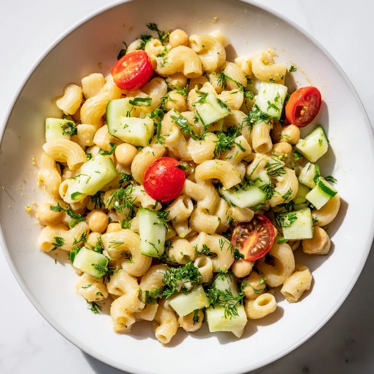 Vibrant Mediterranean-inspired Lemon Herb Chickpea Pasta Salad featuring chickpea pasta, cherry tomatoes, cucumbers, and herbs, finished with a bold lemon dressing—optionally topped with feta and olives for extra flavor.