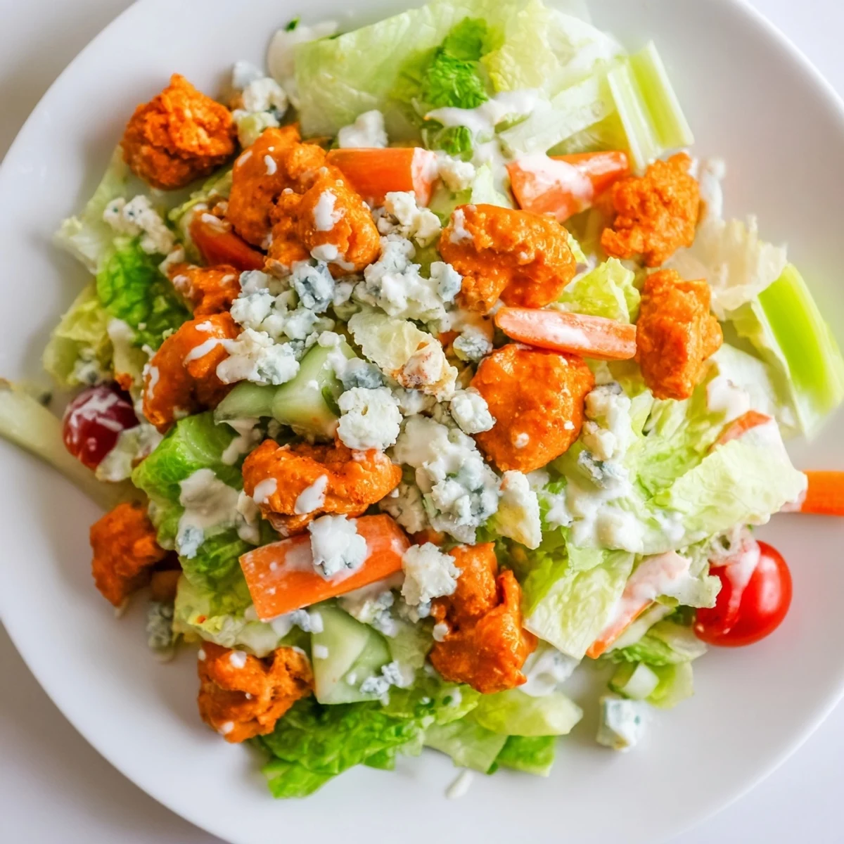 Freshly chopped romaine lettuce topped with spicy buffalo chicken, crisp celery, and crumbled blue cheese, ready to serve.