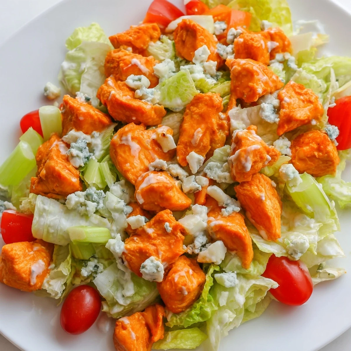 Tossed Buffalo Chicken Chopped Salad garnished with juicy cherry tomatoes, shredded carrots, and a drizzle of creamy dressing.