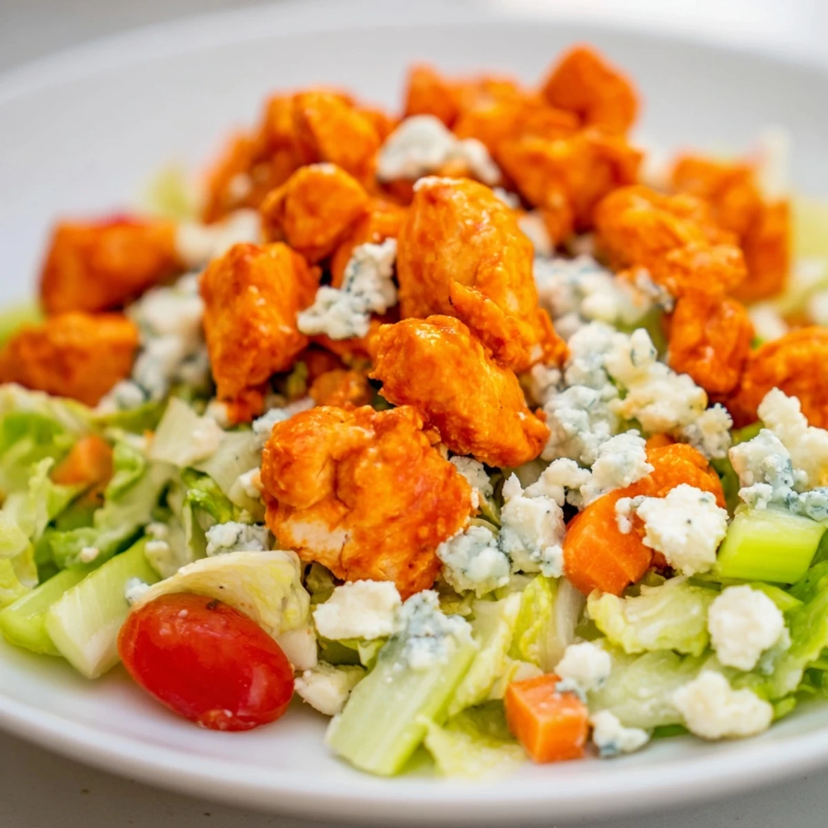 A vibrant Buffalo Chicken Chopped Salad featuring tender buffalo chicken pieces over crunchy romaine, celery, and red onion.