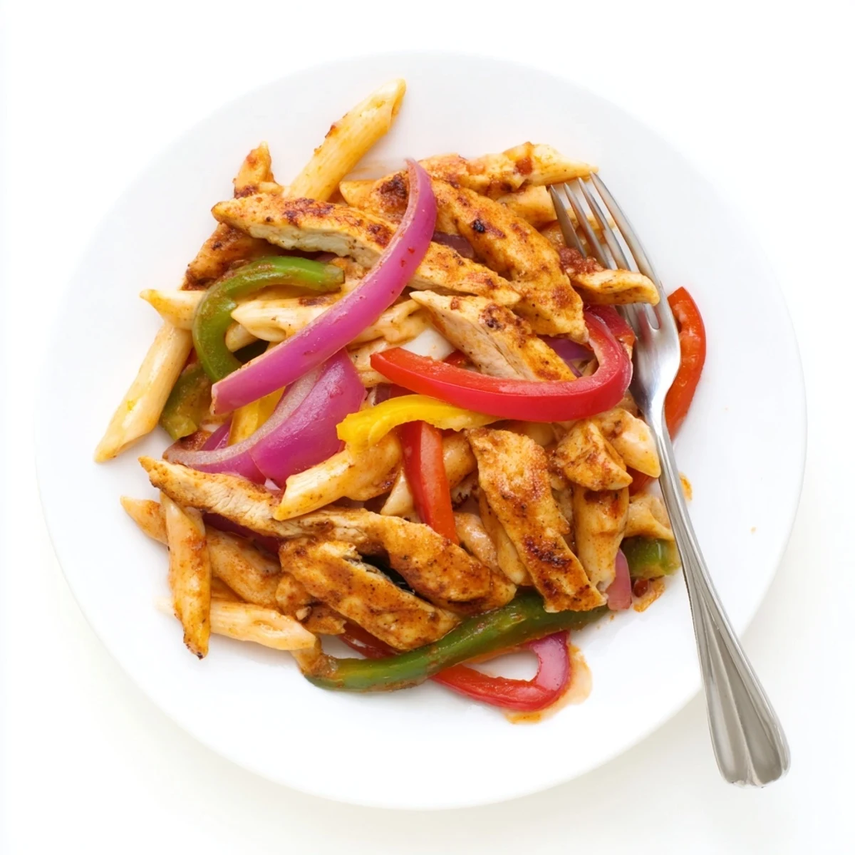 A close-up of Fajita Chicken Pasta Skillet with creamy cheese sauce coating pasta, peppers, and chicken.