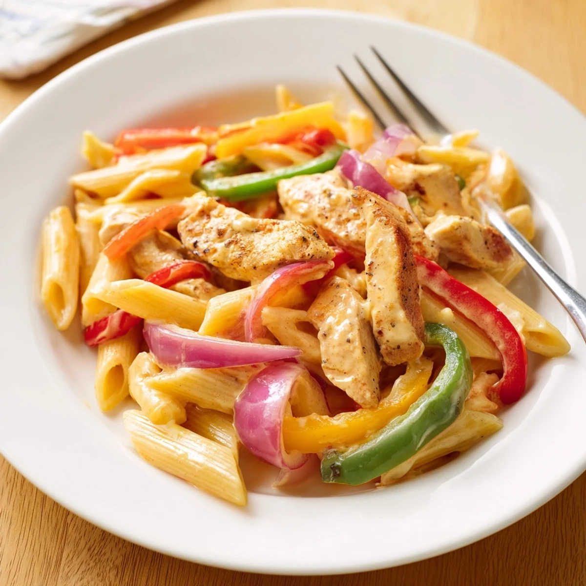 A serving of Fajita Chicken Pasta Skillet garnished with fresh cilantro, lime wedges, and sliced jalapeños.