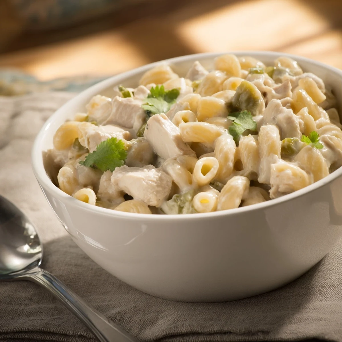 A close-up of creamy Green Chili Chicken Mac in a skillet, with melted cheese stretches and diced chicken visible.  