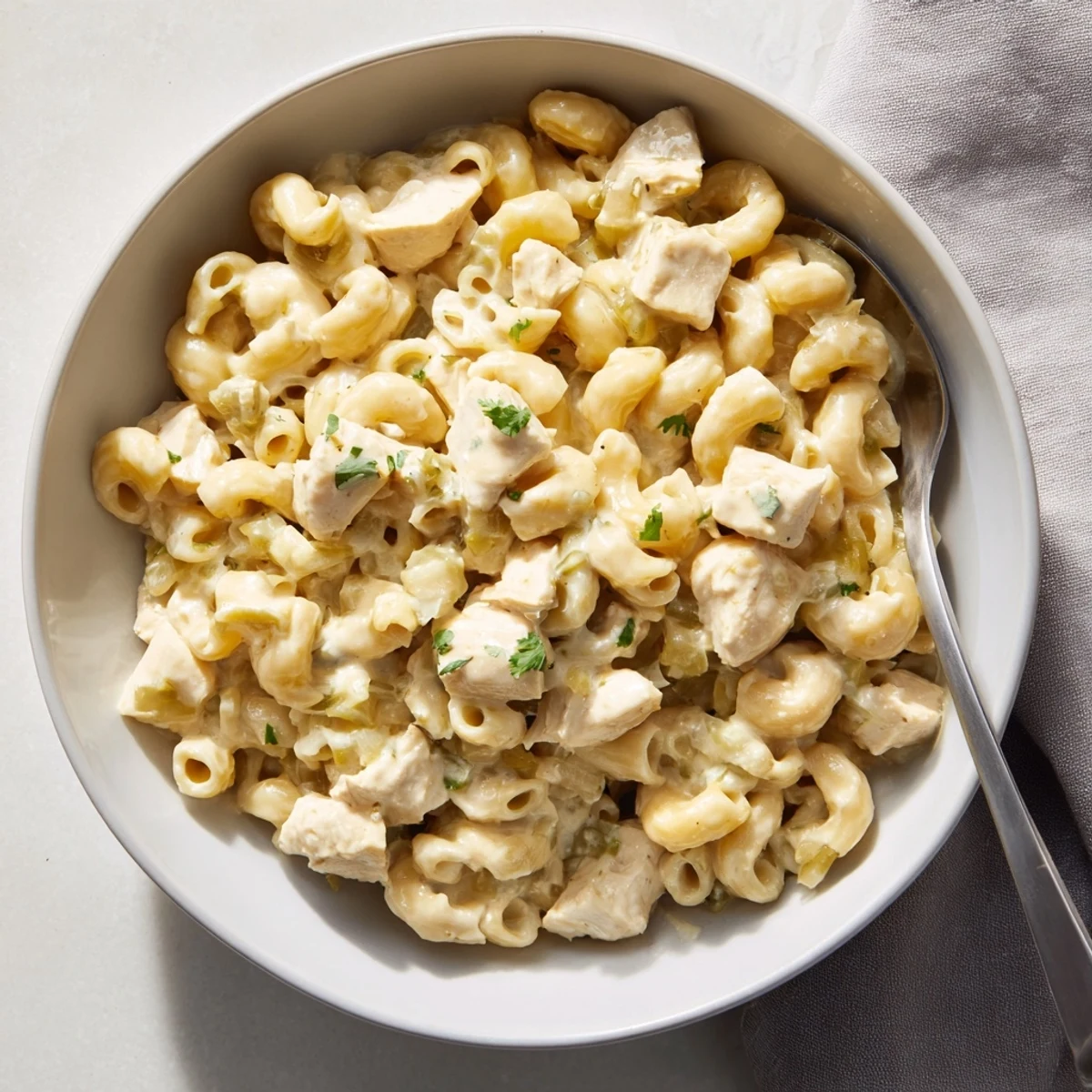 Green Chili Chicken Mac served in a shallow bowl, accompanied by a crisp side salad for a balanced meal.