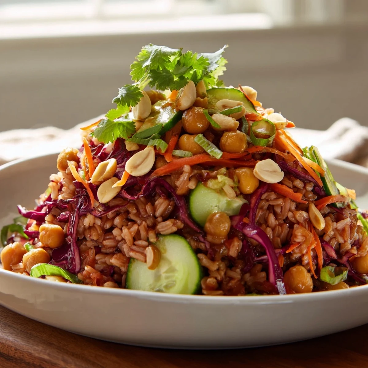 Freshly cooked brown rice topped with chickpeas, crunchy peanuts, shredded carrots, red cabbage, and cucumbers, all drizzled with a creamy peanut dressing.