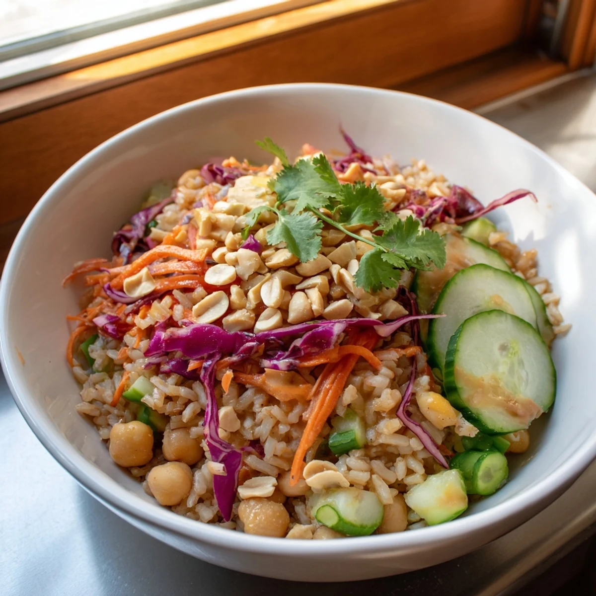 Hearty brown rice and chickpeas with crisp veggies and roasted peanuts in a zesty peanut sauce, ready to enjoy.