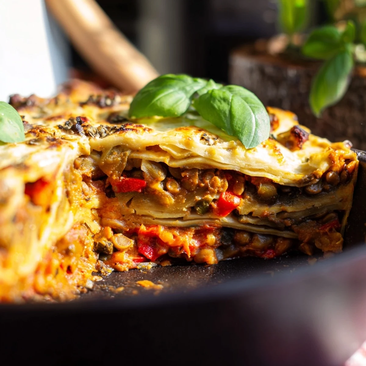 Golden, bubbly mozzarella blankets this One-Pan Smoky Veggie Lentil Lasagne, revealing layers of rich béchamel and hearty red lentils.  