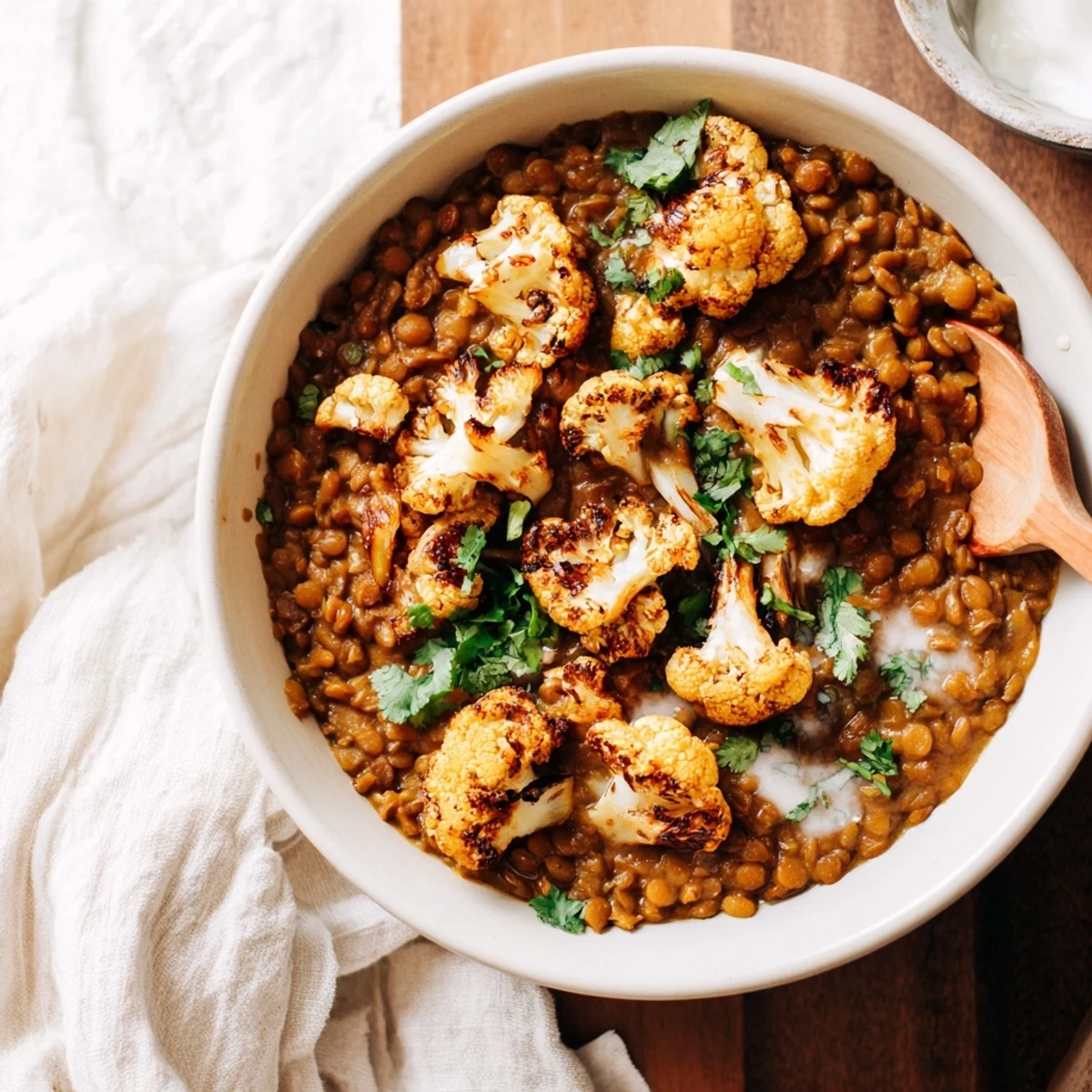 A close-up of Dhal with Cumin-Roasted Cauliflower, featuring spiced lentils and crispy golden cauliflower on a rustic table.  