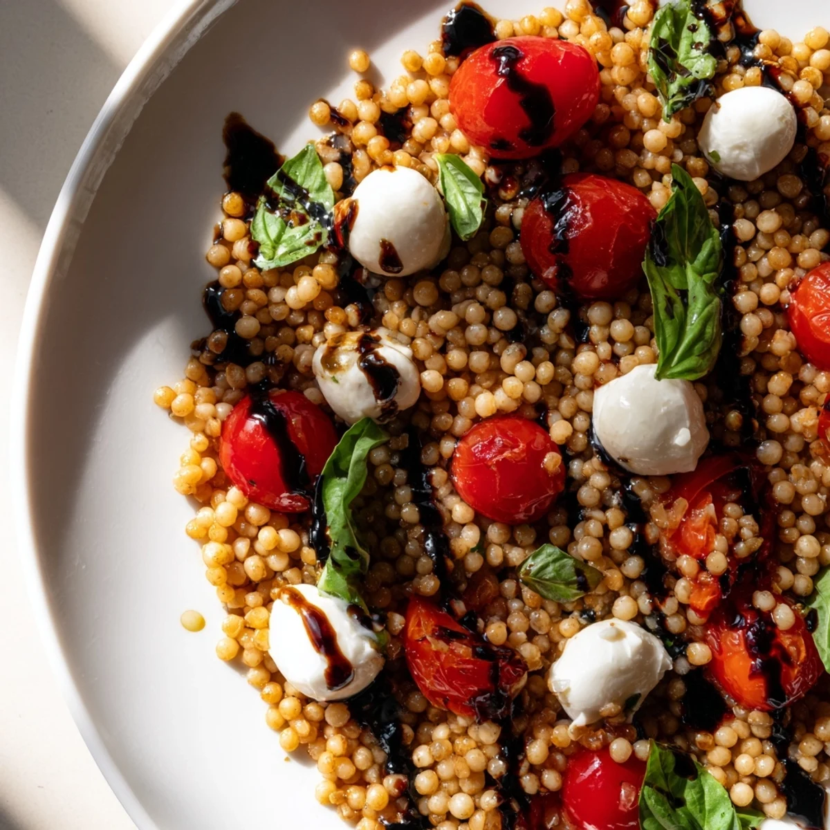 Bright cherry tomatoes, creamy mozzarella, and fragrant basil tossed with fluffy pearled couscous and a tangy balsamic glaze.  