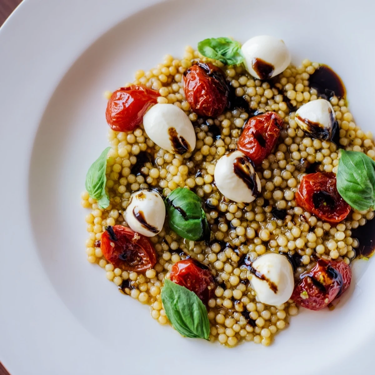 A vibrant bowl of Caprese couscous salad with juicy tomatoes and mozzarella, drizzled with sweet balsamic glaze.
