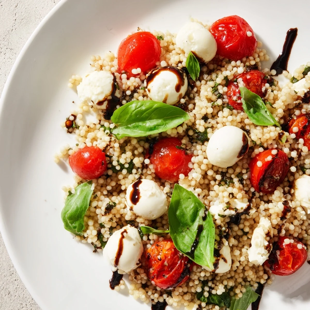 Caprese couscous salad served on a white platter, perfect for a quick and refreshing vegetarian lunch or picnic.  
