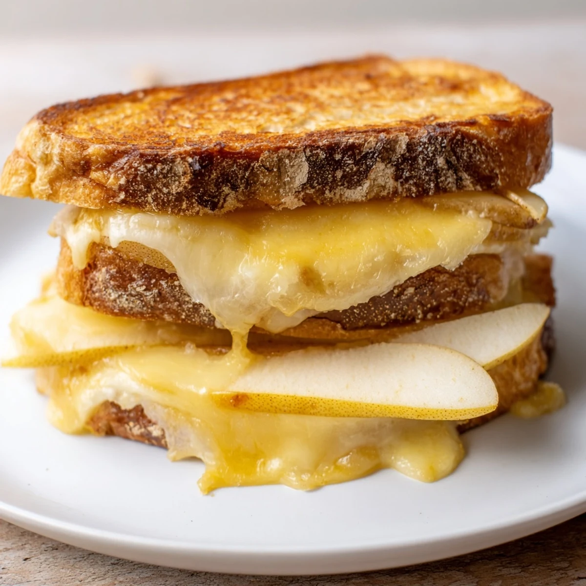 Close-up view of a gourmet smoked Gouda & apple grilled cheese, featuring gooey cheese and thin apple layers oozing from buttery, toasted bread.