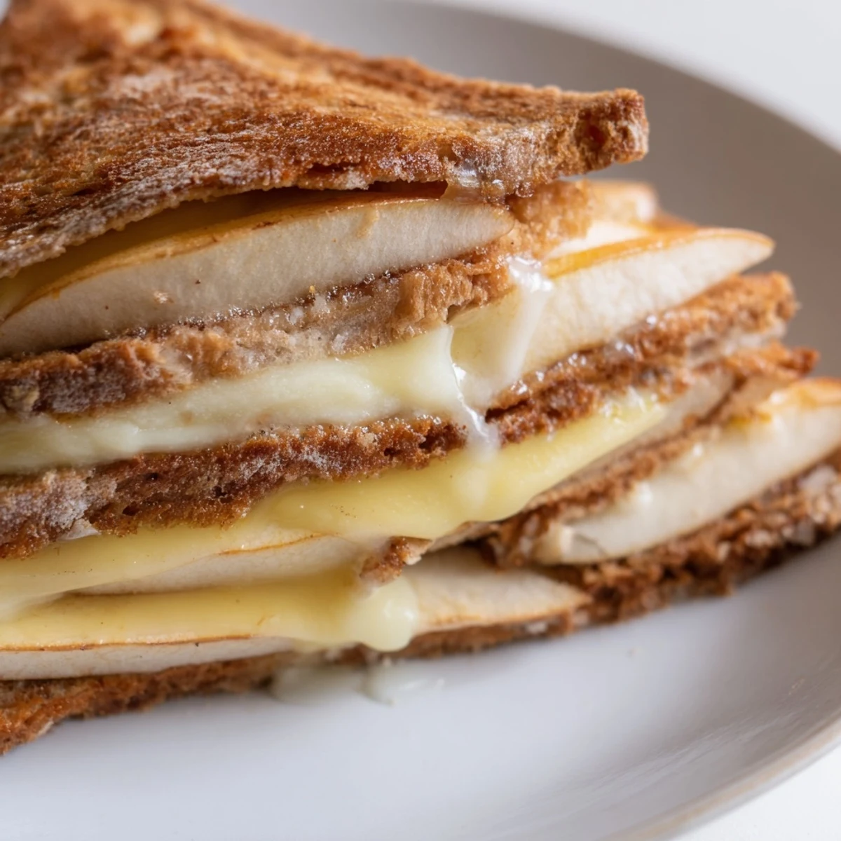 Two halves of a crispy, buttery grilled cheese sandwich revealing smoky Gouda and tart apple slices, perfect for a comforting vegetarian lunch.