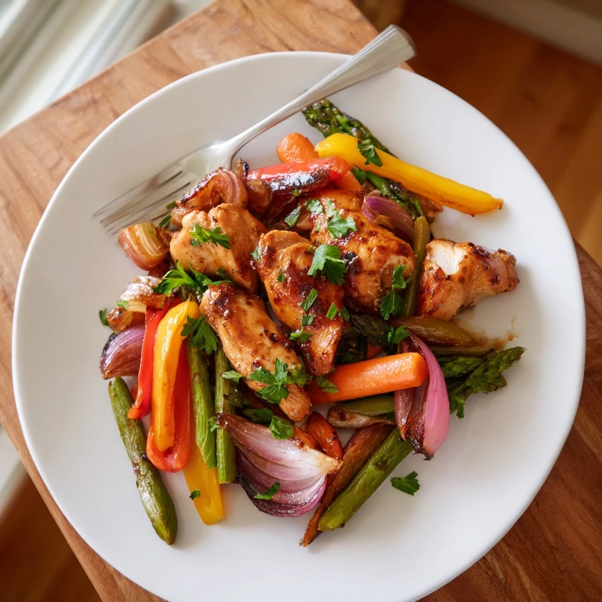 Golden chicken pieces and vibrant spring vegetables, like asparagus and bell peppers, roast together on a sheet pan, glazed in a sticky honey garlic sauce.