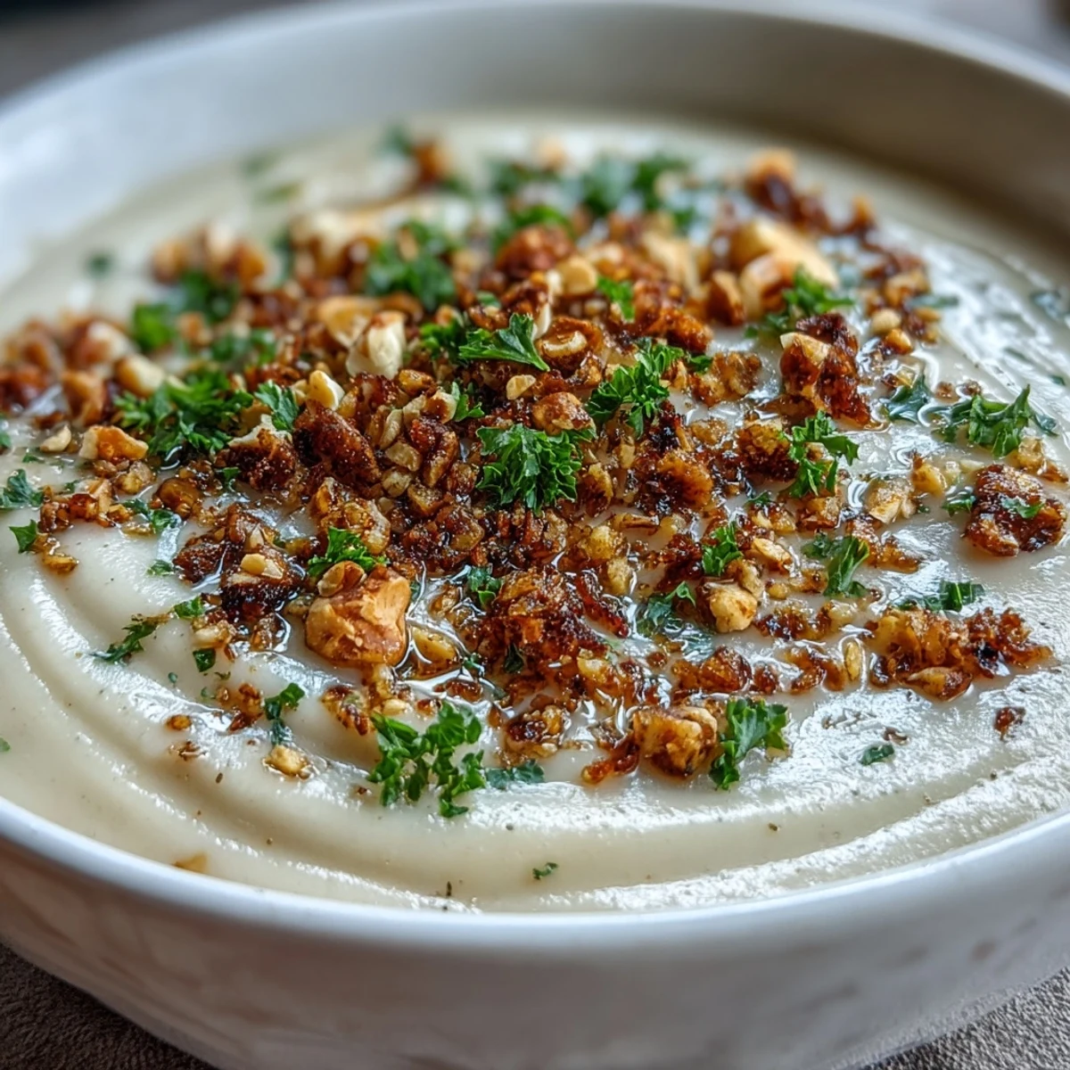 Velvety Celeriac Soup with Hazelnut Crumble, perfect for a cozy meal.