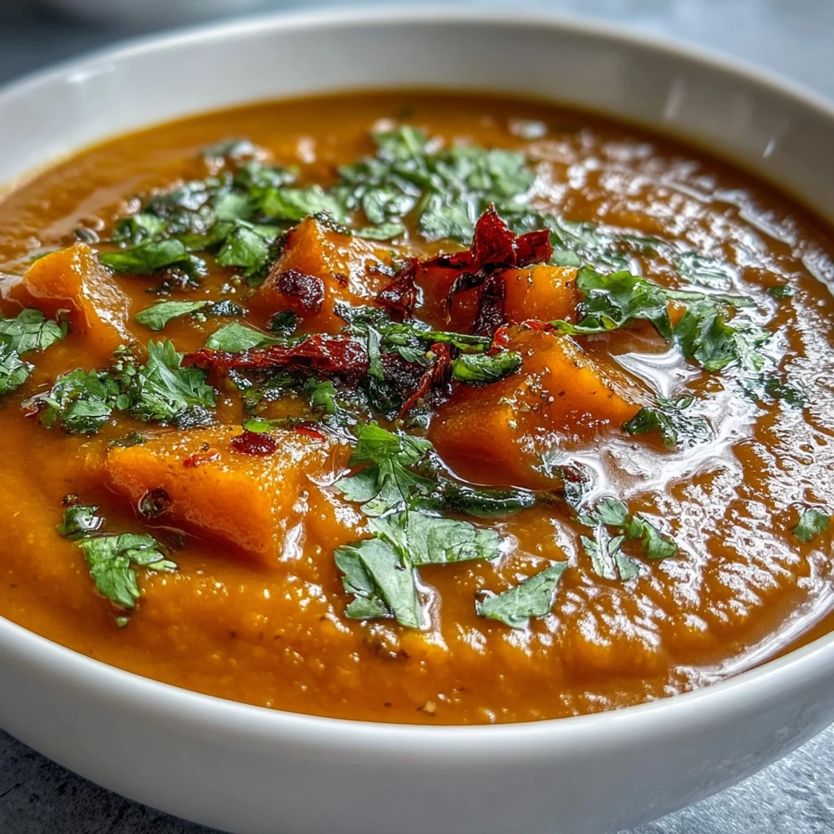 Velvety roasted butternut squash and lentil soup, a comforting plant-based spoonful.