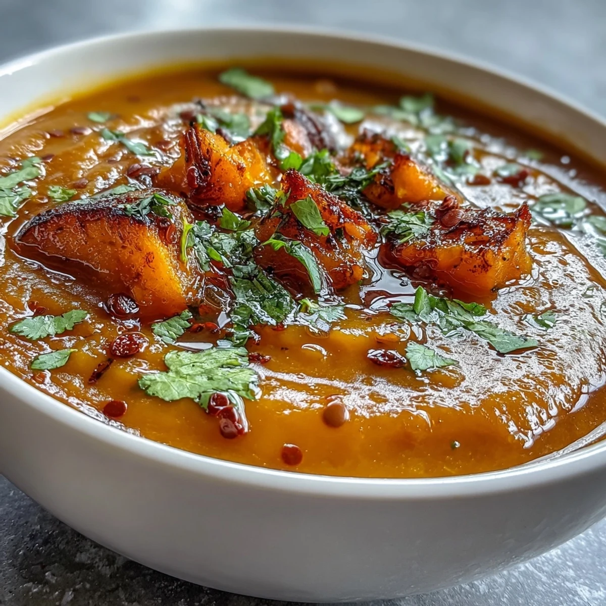 Hearty vegan butternut squash and lentil soup with tender squash and vibrant spices.