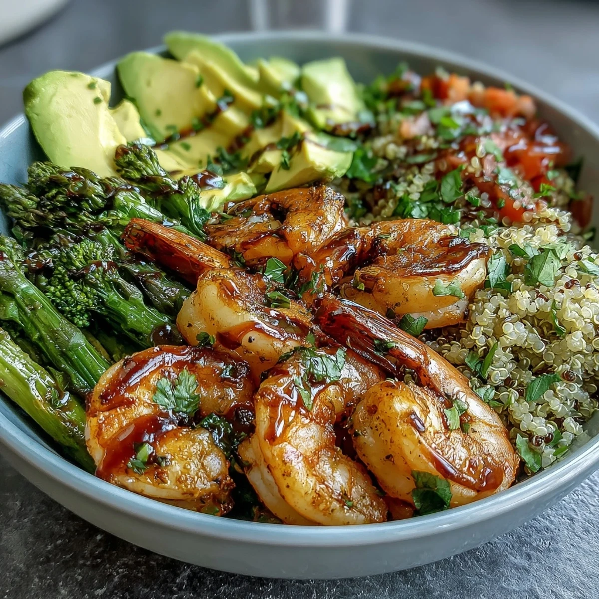 Hearty Detox Buddha Bowl with Shrimp and Quinoa features steamed asparagus, crunchy red cabbage, juicy tomato, and a glossy balsamic drizzle.