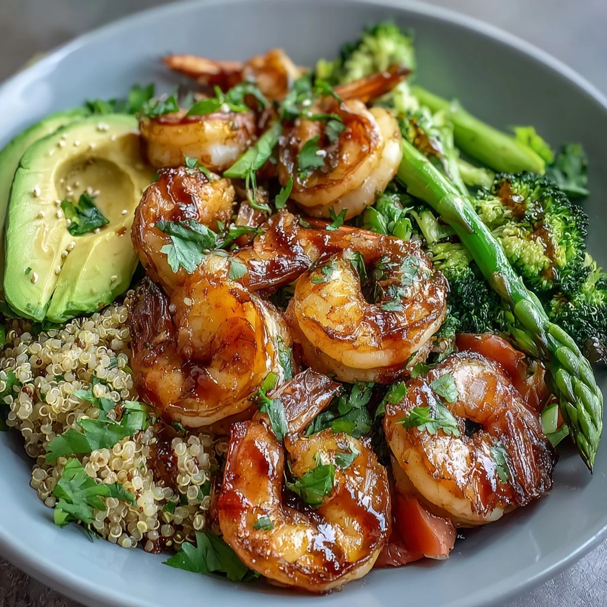 Colorful Detox Buddha Bowl with Shrimp and Quinoa includes fresh parsley, lemon wedges, and neatly arranged vegetables for a balanced, nutrient-packed meal.