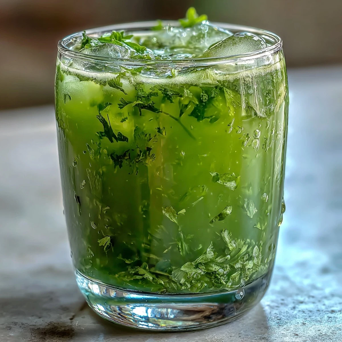 Close-up of Celery Ginger Lemon Juice served over ice, highlighting the refreshing and healthy morning beverage.
