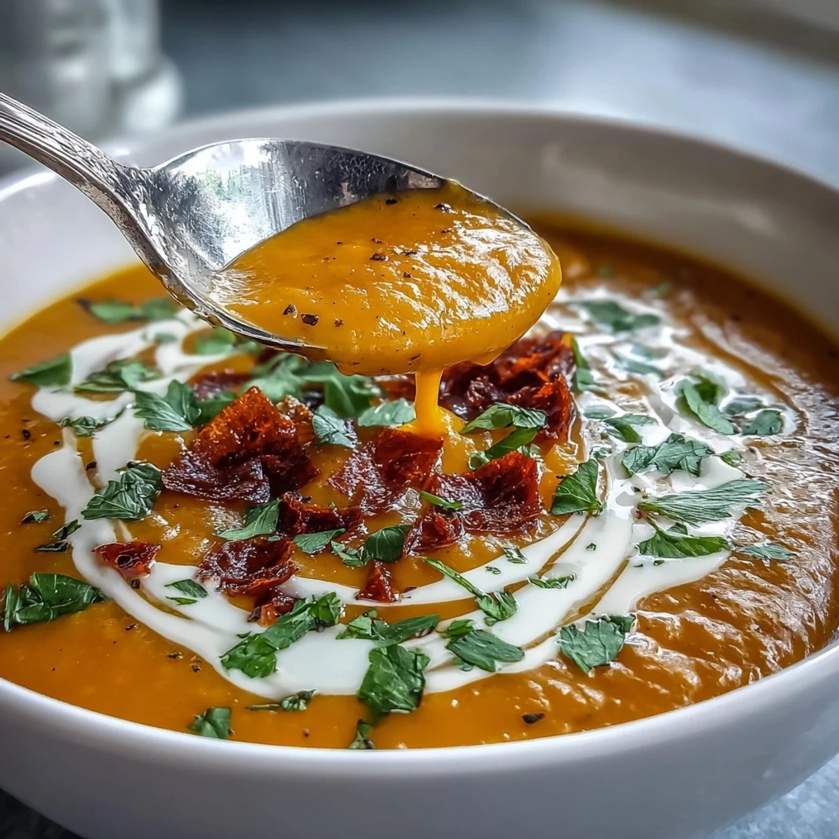 Hearty Carrot Celeriac Chilli Soup, garnished with fresh herbs for serving.