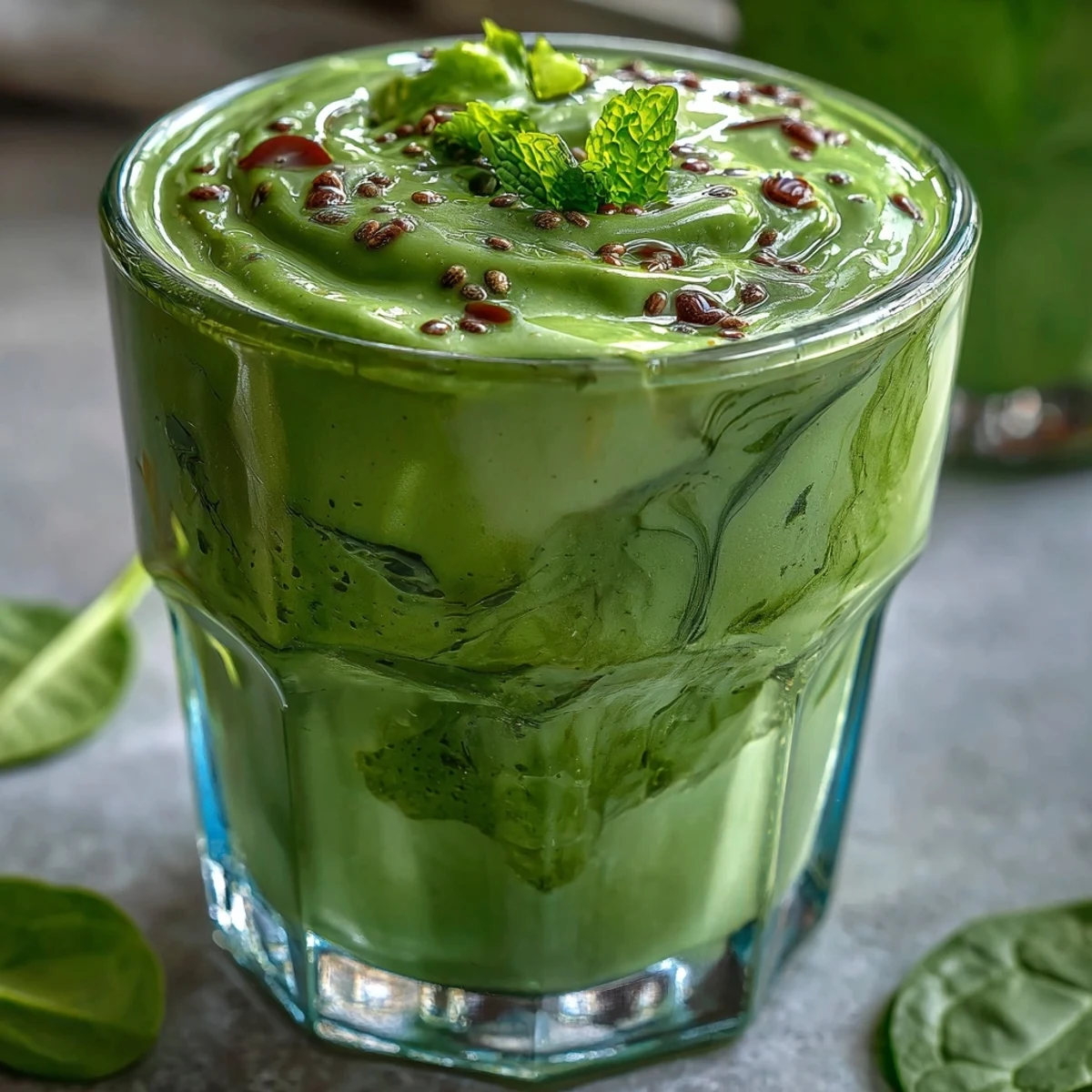 Two glasses of Green Detox Smoothie topped with chia seeds, served beside fresh spinach and apple slices for a healthy vibe.
