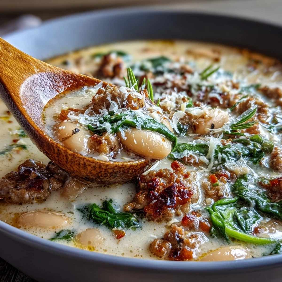 Creamy Tuscan White Bean Soup With Sausage steaming in a rustic bowl topped with Parmesan and spinach.