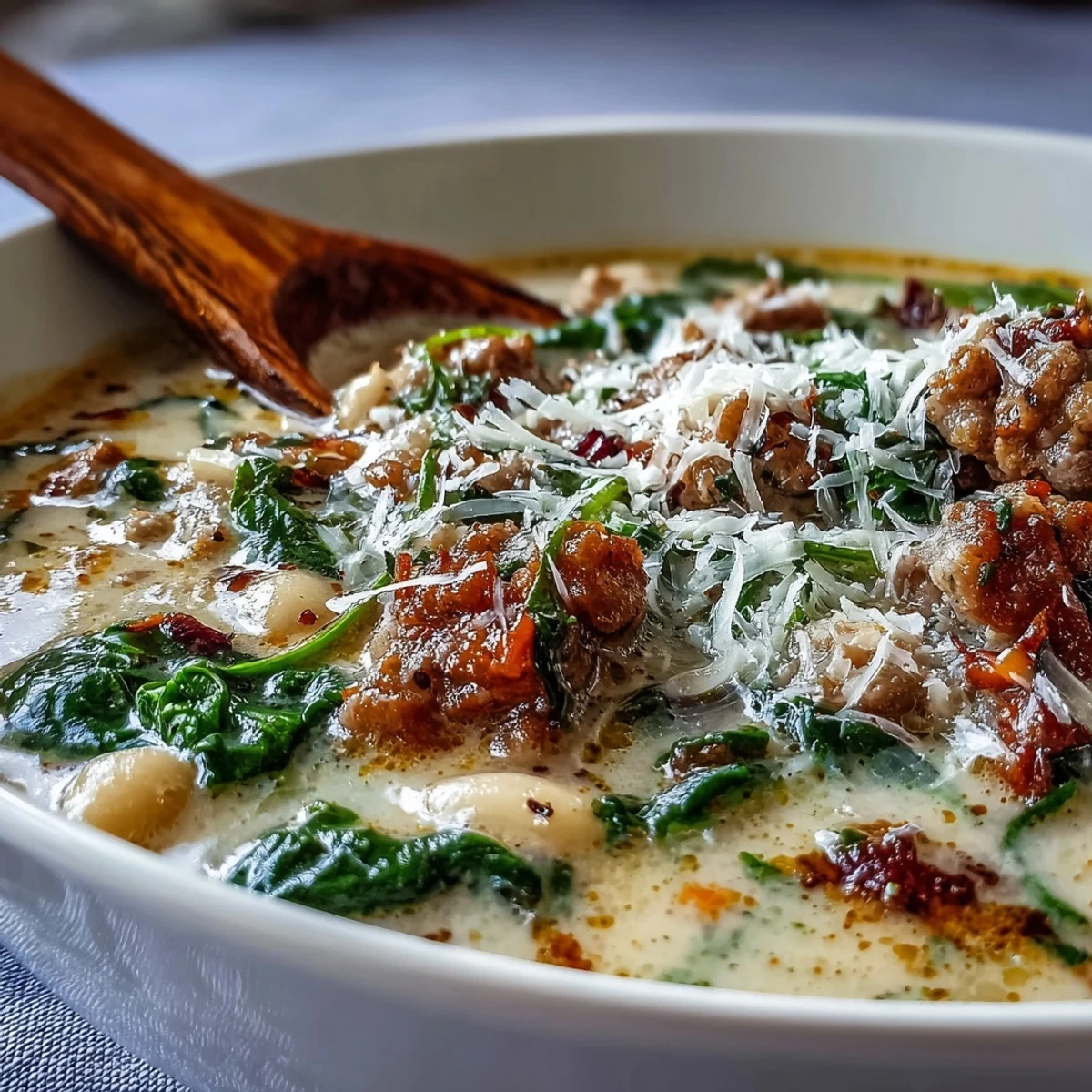 A bowl of Epic Creamy Tuscan White Bean Soup With Sausage served beside crusty bread for dipping.