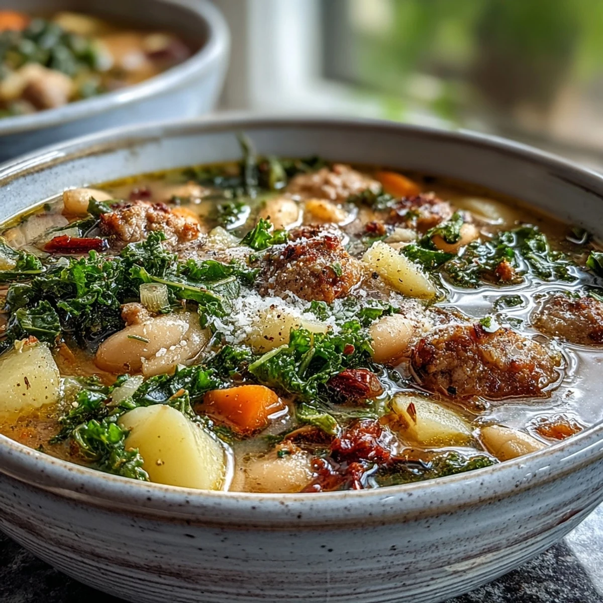 A warm bowl of Tuscan White Bean Sausage Soup featuring crumbled sausage, tender potatoes, and wilted kale in a savory broth.