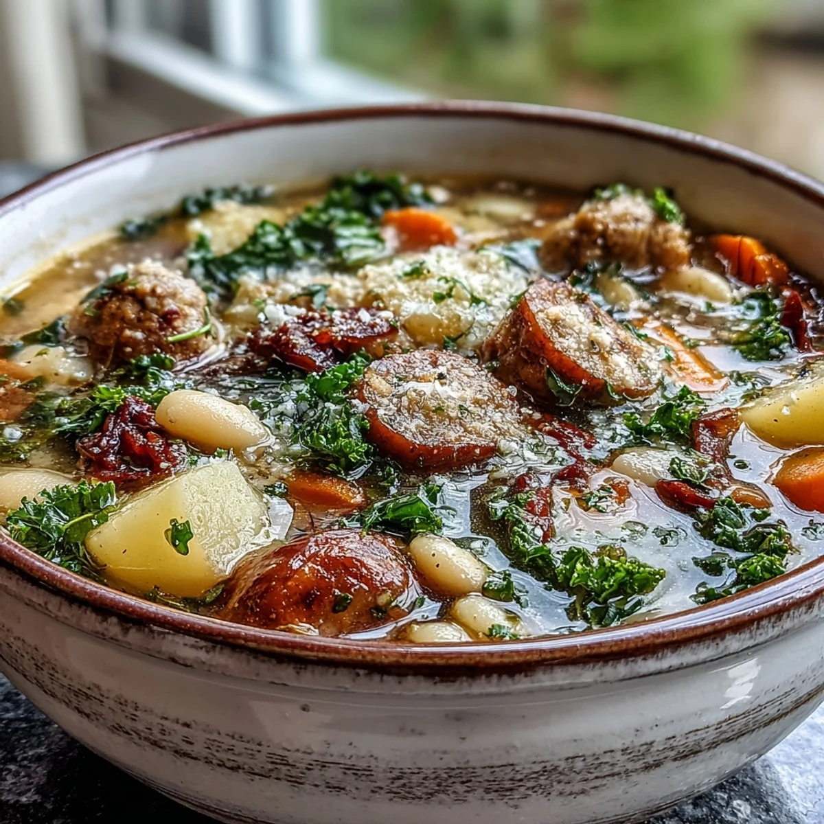 Close-up of Tuscan White Bean Sausage Soup showing white cannellini beans, diced carrots, and spicy sausage in a rich Italian broth.
